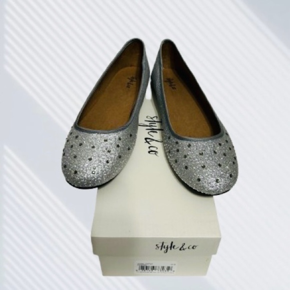 Style & Co. Women's Angelynn Rhinestone Glitter Ballet Flats 10M Pewter
